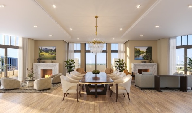 Elegant clubroom with seating and fireplace