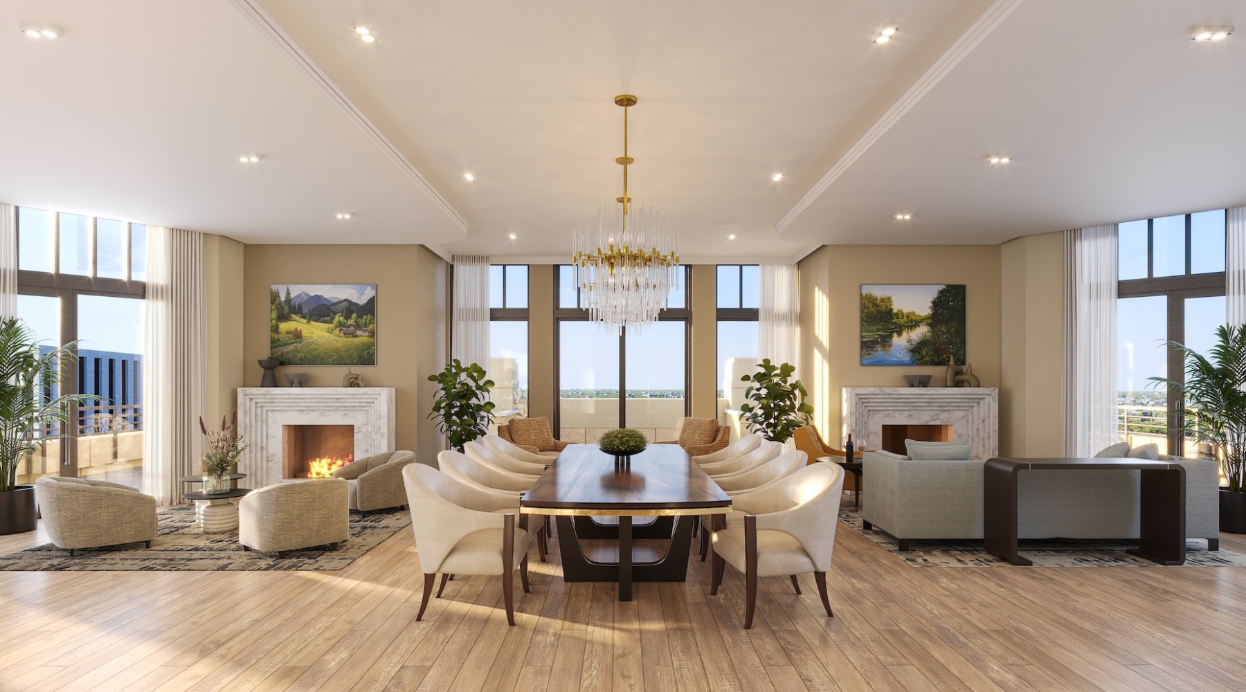 Elegant clubroom with seating and fireplace