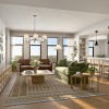 Spacious open apartment with kitchen, living room and walls of windows
