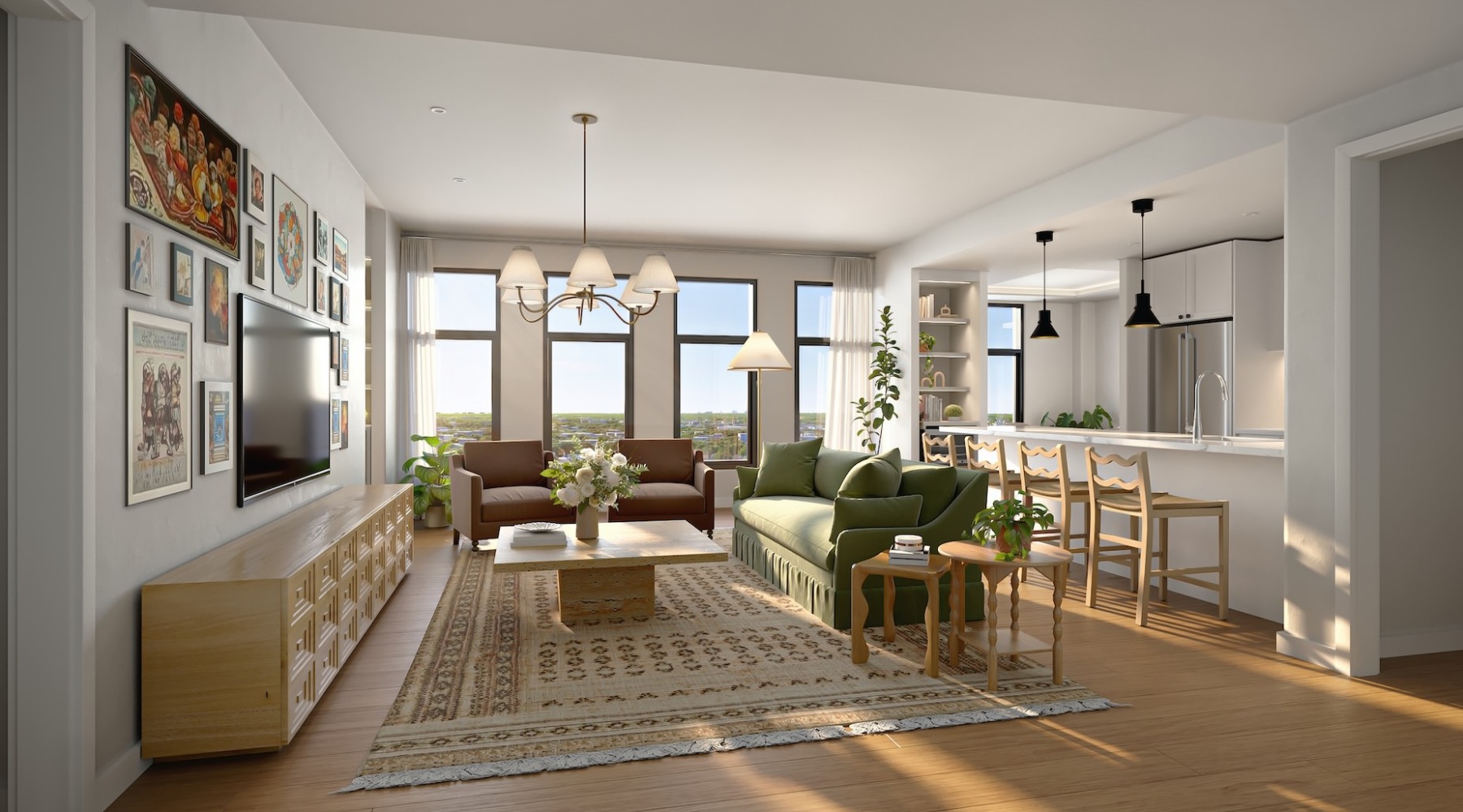 Spacious open apartment with kitchen, living room and walls of windows