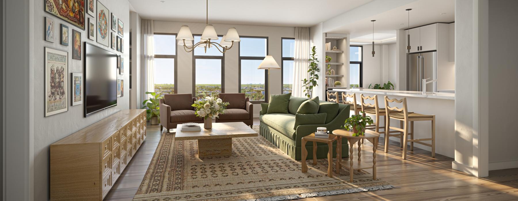 a living room with a tv, rug, and natural lighting