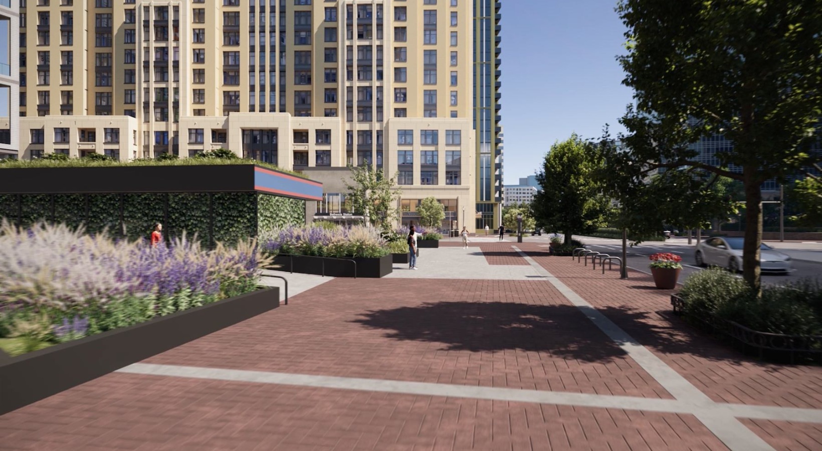 a city with a sidewalk and a building